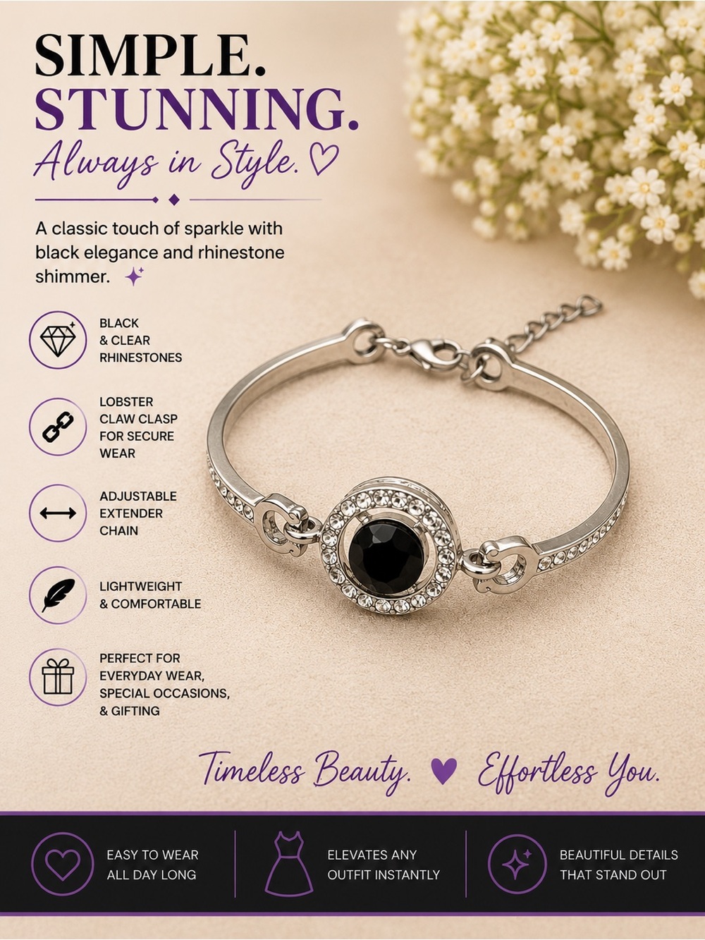 paparazzi Silver Bracelet with Black & Clear Rhinestones